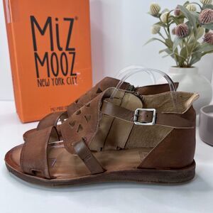 Miz Mooz Frida Leather Ankle Strap Sandal Side Zip Buckle Brown Women EU 42 NWB